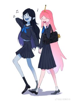 2girls ^_^ absurdres adventure_time bag black_footwear black_hair black_sailor_collar black_shirt black_skirt black_socks blue_neckerchief blue_skin closed_eyes colored_skin couple full_body highres holding holding_bag holding_hands jake_the_dog laughing loafers long_hair looking_at_another marceline_abadeer multiple_girls neckerchief pink_hair pink_skin pleated_skirt pointy_ears princess_bonnibel_bubblegum sailor_collar school_uniform serafuku shadow shirt shoes shoulder_bag simple_background skirt smile socks teeth tiara tss-mire upper_teeth_only vampire walking watermark weibo_watermark white_background white_socks yuri