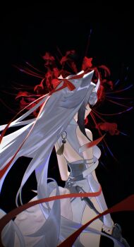 1girl absurdres animal_ears armlet bare_shoulders black_background black_hair breasts china_dress chinese_clothes closed_mouth commentary_request cowboy_shot dress droopy_ears e-razor flower from_behind gradient_hair hairband highres holding holding_sword holding_weapon jewelry long_hair medium_breasts multicolored_hair qingming_sword red_eyes see-through_horns sideways_glance silver_armlet solo spider_lily sword tail weapon white_dress white_hair white_hairband white_tail ye_shunguang zenless_zone_zero