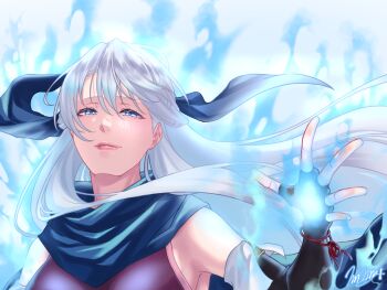 1girl armpits aura bare_shoulders black_gloves blue_aura blue_eyes blue_scarf breasts commentary_request dress elbow_gloves emblem_(fire_emblem_engage) fingerless_gloves fire_emblem fire_emblem:_radiant_dawn fire_emblem_engage fire_emblem_heroes gloves grey_hair hair_ribbon half_updo highres jewelry long_hair marth-chan_(micaiah_mrmm) medium_breasts micaiah_(fire_emblem) nintendo ribbon scarf sideboob signature simple_background sleeveless sleeveless_dress smile solo upper_body