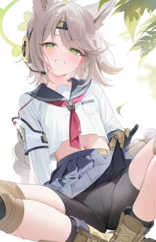1girl absurdres animal_ears bike_shorts blue_archive blush boots braid brown_hair clothes_lift combat_boots commentary_request fox_ears fox_girl gloves green_eyes green_halo halo headset highres kawauchi_(kaz7ry) knee_pads long_hair midriff navel neckerchief otogi_(blue_archive) pleated_skirt red_neckerchief school_uniform serafuku simple_background single_braid skirt skirt_lift smile solo sweat white_background