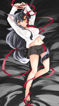 1girl alternate_costume animal_ears arms_up barefoot black_choker black_hair breasts choker commentary_request eyelashes grey_shorts hair_ornament hairclip highres hololive impossible_clothes impossible_shirt kazuha_(ichiwa) large_breasts long_hair long_sleeves looking_at_viewer lying midriff multicolored_hair navel on_back on_bed ookami_mio orange_eyes parted_lips red_hair red_ribbon ribbon shirt short_shorts shorts solo streaked_hair tail tail_around_own_leg two-tone_hair virtual_youtuber white_shirt wolf_ears wolf_girl wolf_tail