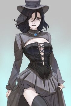 Rule 34 | 1girl, absurdres, black hair, breasts, closed mouth, dress, grey dress, grey eyes, grey hat, hair between eyes, hat, highres, large breasts, long sleeves, looking at viewer, medium hair, mole, mole under eye, ori dal, original, smile, solo