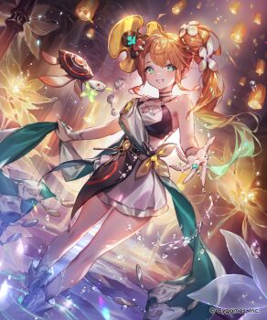 1girl ahoge bare_legs blush breasts bridal_gauntlets brooch cleavage cleavage_cutout clothing_cutout collarbone commentary_request company_name criss-cross_halter crop_top diamond_cutout flower green_eyes green_shawl grin hair_flower hair_ornament halter_shirt halterneck highres himeka_(shadowverse:_worlds_beyond) holding_shawl jewelry lee_hyeseung long_hair looking_at_viewer midriff navel official_art orange_hair parted_bangs ripples shadowverse shadowverse:_worlds_beyond shawl shirt side_ponytail skirt sleeveless sleeveless_shirt smile solo spade_(shape) standing symbol-shaped_pupils teeth turtle water white_bridal_gauntlets white_flower white_shirt white_skirt