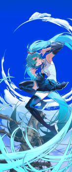 1girl absurdly_long_hair absurdres aqua_eyes aqua_hair aqua_nails aqua_necktie aqua_trim arm_up armpits black_skirt black_sleeves blue_sky boots breasts collared_shirt commentary_request detached_sleeves fingernails floating_hair hair_between_eyes hair_ornament hatsune_miku highres long_hair long_sleeves looking_at_viewer medium_breasts miniskirt nail_polish necktie open_mouth pleated_skirt shirt skirt sky sleeveless sleeveless_shirt solo sowats thigh_boots thighhighs tie_clip twintails utility_pole very_long_hair vocaloid white_shirt wide_sleeves zettai_ryouiki