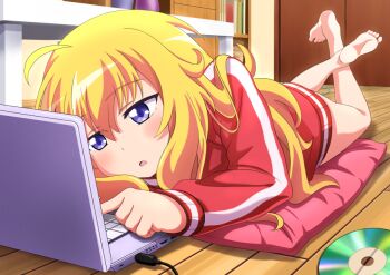 1girl :o ahoge bare_legs barefoot blonde_hair blue_eyes blush bookshelf cd commentary_request computer crossed_ankles dbmaster door feet gabriel_dropout gabriel_tenma_white hair_between_eyes indoors jacket laptop legs long_hair long_sleeves lying no_pants on_pillow on_stomach open_mouth red_jacket soles solo table the_pose toes track_jacket typing very_long_hair wire wooden_floor