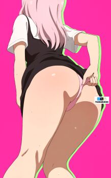 1girl adjusting_clothes adjusting_panties artist_name ass ass_focus black_dress dress fanbox_logo from_behind fujiwara_chika highres kaguya-sama_wa_kokurasetai_~tensai-tachi_no_renai_zunousen~ panties pink_background pink_hair pink_panties pixiv_logo school_uniform shirt shuuchiin_academy_school_uniform simple_background solo thong tsuranukko twitter_x_logo underwear white_shirt