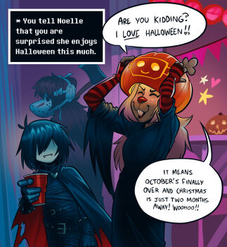 Rule 34 | 1other, 2girls, absurdres, alternate costume, angusburgers, axe, black cape, buck teeth, cape, closed eyes, commentary, cosplay, cup, deer girl, deltarune, english commentary, english text, fangs, fingerless gloves, gloves, halloween, halloween costume, highres, hockey, holding, holding axe, holding cup, indoors, jack-o'-lantern hat, jason voorhees, jason voorhees (cosplay), kris (deltarune), long hair, multiple girls, noelle holiday, red nose, reindeer girl, reptile girl, short hair, snout, solo cup, speech bubble, striped clothes, striped gloves, susie (deltarune), teeth, two-sided cape, two-sided fabric, utdr (toby fox), vampire costume