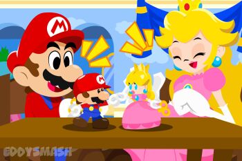 1boy 1girl artist_name black_eyes blonde_hair blue_overalls brown_hair chair closed_eyes crown detached_sleeves donkey_kong_(series) dress earrings eddysmash2407 facial_hair gloves happy hat highres indoors jewelry long_hair long_sleeves mario mario_(series) mario_vs._donkey_kong mini-mario_(mario_vs._donkey_kong) mini_peach mustache nintendo open_mouth overalls pink_dress princess princess_peach puffy_short_sleeves puffy_sleeves red_hat red_shirt shirt short_hair short_sleeves sitting table toy white_gloves