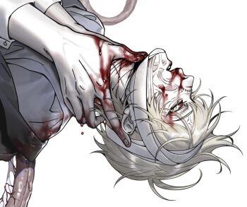 1boy 1other bandaged_head bandaged_neck bandages blonde_hair blood blood_on_clothes blood_on_face blood_on_hands bloodshot_eyes ero_guro guro highres impaled male_focus nosebleed open_mouth original shinku_syrup stitches strangling sunken_cheeks sweat tentacles veins