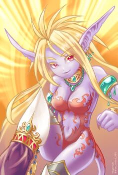 1girl animal_ears blonde_hair bodypaint breasts breath_of_fire breath_of_fire_ii cat_tail closed_mouth colored_skin commentary_request earrings full_body jewelry katt_(breath_of_fire) long_hair looking_at_viewer nagatsuki_(blue_violet_905) navel pointy_ears purple_skin simple_background smile solo tail very_long_ears very_long_hair white_background