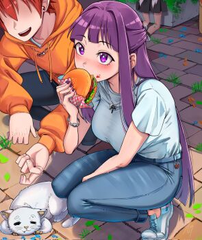 Rule 34 | 1boy, 1girl, alternate costume, animal, blue pants, blue shirt, blue shoes, bracelet, breasts, burger, cat, commentary, contemporary, day, denim, dilan griz, eating, english commentary, fern (sousou no frieren), food, food on face, highres, holding, holding burger, holding food, hood, hood down, hoodie, jeans, jewelry, large breasts, long hair, long sleeves, looking at viewer, necklace, open mouth, orange hoodie, outdoors, pants, purple eyes, purple hair, red hair, shirt, shoes, short sleeves, smile, solo focus, sousou no frieren, squatting, stark (sousou no frieren)