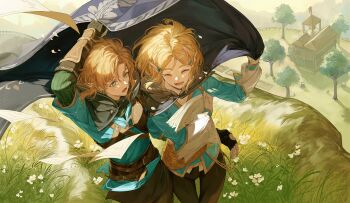 Rule 34 | 1boy, 1girl, absurdres, aqua shirt, aqua tunic, arm around waist, black cloak, black gloves, black pants, black sweater, blonde hair, braid, cloak, closed eyes, crown braid, earrings, fingerless gloves, flying paper, gloves, gold trim, grass, hair between eyes, hair ornament, hairclip, hashtag-only commentary, highres, hover hand, jewelry, jingsang w, link, medium hair, nintendo, open mouth, outdoors, pants, paper, parted bangs, pointy ears, princess zelda, ribbed sweater, shirt, short hair, sidelocks, smile, sweater, the legend of zelda, the legend of zelda: tears of the kingdom, tunic