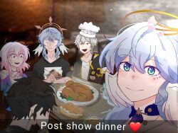 Rule 34 | 2girls, 3boys, alternate costume, artist name, black gloves, black hair, black jacket, black shirt, blue eyes, blue hair, blue jacket, blurry, blurry background, bowl, bread, brick wall, brother and sister, buttons, caelus (honkai: star rail), chair, chef hat, chicken (food), closed mouth, collared shirt, dan heng (honkai: star rail), earrings, english text, feathered wings, fingerless gloves, food, fork, gloves, green eyes, grey hair, hair between eyes, halo, halo behind head, hand on own face, hand up, hat, head wings, heart, highres, honkai: star rail, honkai (series), hood, hooded jacket, indoors, jacket, jar, jewel under eye, jewelry, long hair, long sleeves, looking at food, looking at viewer, march 7th (honkai: star rail), mmiklshaek, multicolored eyes, multiple boys, multiple girls, open clothes, open jacket, open mouth, own hands together, pink eyes, pink hair, plate, porridge, restaurant, robin (honkai: star rail), shirt, short hair, siblings, sidelocks, single earring, sitting, smile, star (symbol), star ornament, sunday (honkai: star rail), sweatdrop, t-shirt, table, teeth, trailblazer (honkai: star rail), two-sided fabric, two-sided jacket, white shirt, wings, witch hat, yellow eyes, yellow jacket