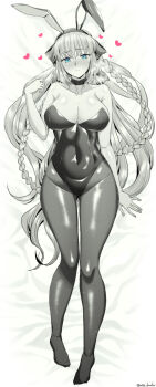 Rule 34 | 1girl, animal ears, bare arms, bare shoulders, black bow, black leotard, blue eyes, blue lips, blush, bow, braid, breasts, cleavage, collarbone, commentary request, dakimakura (medium), fake animal ears, fate/grand order, fate (series), full body, grey hair, hair bow, half up braid, highres, large breasts, leotard, long hair, long sleeves, looking at viewer, morgan le fay (fate), navel, pantyhose, playboy bunny, ponytail, rabbit ears, sidelocks, solo, strapless, strapless leotard, thighs, unadon, very long hair