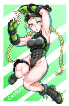1girl abs beret black_boots black_hat black_leotard blue_eyes boots braid cammy_white chest_harness full_body gloves green_background green_gloves harness hat hdun2273 heattech_leotard highleg highleg_leotard lace-up_boots leotard low_twin_braids low_twintails muscular muscular_female official_alternate_color scar scar_on_face solo street_fighter street_fighter_6 thigh_strap turtleneck twin_braids twintails