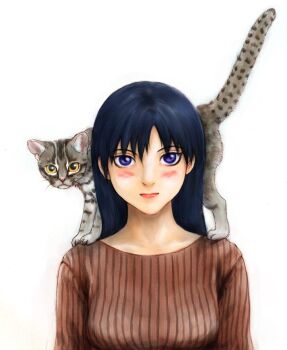 Rule 34 | 1girl, azumanga daiou, blue eyes, blush, cat, female focus, highres, long hair, mayaa (azumanga daioh), realistic, sakaki (azumanga daioh), solo