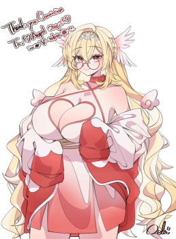 Rule 34 | 1girl, absurdres, angel steps, artist request, blonde hair, braid, breasts, cleavage cutout, closed mouth, clothing cutout, collarbone, flower, glasses, head wings, heart cutout, highres, indie virtual youtuber, long hair, red eyes, red flower, round eyewear, signature, sleeves past fingers, sleeves past wrists, solo, virtual youtuber, white background, white wings, wings