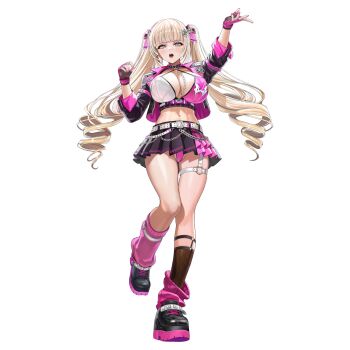 1girl abs arm_belt arm_up belt black_collar black_jacket black_shoes black_skirt blonde_hair blunt_bangs blunt_sidelocks bra breasts chain cleavage collar covered_erect_nipples drill_hair earrings fingerless_gloves fishnet_socks fishnets flower frilled_collar frills full_body gem gloves grey_eyes hair_flower hair_ornament hair_ribbon heart heart_o-ring highres jacket jewelry knees_together_feet_apart large_breasts last_origin leg_belt leg_warmers linea_alba looking_at_viewer maria_rioboros microskirt multicolored_jacket multicolored_shoes music nail_polish navel non-web_source o-ring o-ring_collar o-ring_thigh_strap official_alternate_costume official_art open_clothes open_jacket open_mouth panties pantyshot partially_visible_vulva pink_belt pink_bra pink_frills pink_gem pink_gloves pink_jacket pink_leg_warmers pink_nails pink_panties pink_ribbon pink_shoes pink_skirt pleated_skirt ribbon shoes sidelocks simple_background singing skindentation skirt socks solo standing standing_on_one_leg string_bra tachi-e taesi teeth thick_thighs thigh_strap thighs tongue transparent_background twintails two-tone_bra two-tone_jacket two-tone_shoes two-tone_skirt underbust underwear white_belt white_bra