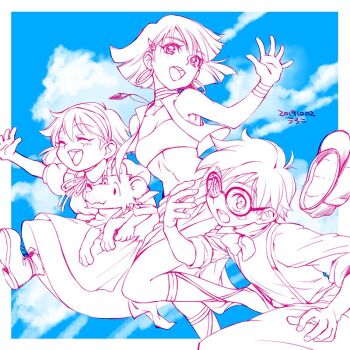 2girls bandeau bob_cut bracelet earrings fushigi_no_umi_no_nadia hair_ornament hairclip hat jean_roque_lartigue jewelry king_(nadia) loincloth marie_en_carlsberg midriff multiple_girls nadia_la_arwall neck_ring necklace open_mouth pelvic_curtain short_hair smile strapless tube_top uroko_(mnr) vest