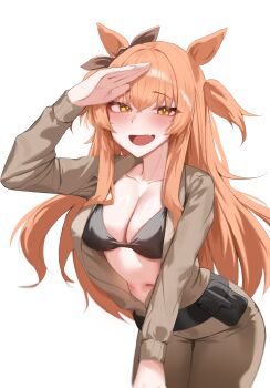 1girl absurdres alternate_costume animal_ears bikini blush breasts center_opening cleavage commentary fang highres horse_ears horse_girl horse_tail long_hair looking_at_viewer mayano_top_gun_(umamusume) medium_breasts navel open_mouth orange_eyes orange_hair orange_tail salute simple_background skin_fang smile solo stomach swimsuit tail terigumi two_side_up umamusume white_background