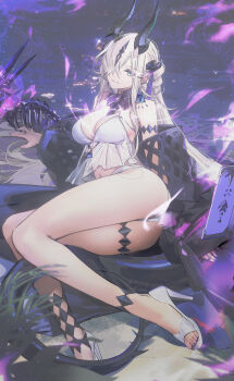 1girl absurdres animal_skeleton arknights ass bikini black_horns breasts camisole commentary dragon_girl dragon_horns dragon_tail drive_shot fire flame-tipped_tail green_eyes high_heels highres horns large_breasts long_hair lying navel necrass_(arknights) necrass_(summer_flowers)_(arknights) on_side purple_fire see-through_camisole see-through_clothes solo swimsuit tail toes very_long_hair white_bikini white_hair