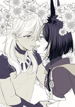 2boys animal_ear_fluff animal_ears bare_pectorals blunt_ends closed_mouth commentary_request cyno_(genshin_impact) eye_contact flower fox_ears genshin_impact gloves greyscale hair_behind_ear hair_between_eyes hand_on_another's_arm highres jacket long_hair looking_at_another male_focus monochrome multicolored_hair multiple_boys open_mouth otanpopo1208 pectorals short_hair short_sleeves smile streaked_hair tighnari_(genshin_impact) usekh_collar white_background yaoi