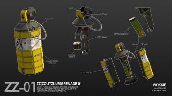 3d artist_name biohazard_symbol black_background disassembly english_text explosive grenade highres iwse_zhang original outline radiation_symbol sign simple_background skull_and_crossbones still_life warning_sign weapon_focus white_outline