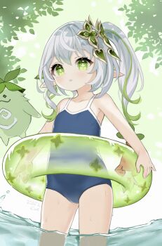 Rule 34 | 1girl, aranara (genshin impact), blue one-piece swimsuit, commentary request, genshin impact, green eyes, hair ornament, highres, innertube, m-eine, multicolored hair, nahida (genshin impact), one-piece swimsuit, open mouth, pointy ears, school swimsuit, side ponytail, swim ring, swimsuit, wading