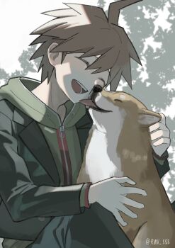 1boy :d absurdres ahoge animal artist_name black_jacket black_pants brown_hair closed_eyes danganronpa:_trigger_happy_havoc danganronpa_(series) dog green_hoodie hareruya_(smomo2227) highres hood hood_down hoodie jacket long_sleeves naegi_makoto open_mouth pants shiba_inu short_hair smile spiked_hair teeth tongue tree white_background