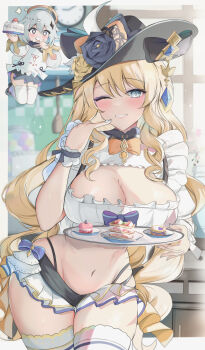 2girls black_headwear black_skirt blonde_hair blue_eyes blush bow bowtie breasts cake cleavage cleavage_cutout clothing_cutout cropped_shirt drill_hair drill_sidelocks eyeliner flower food frills genshin_impact grin halo hat hat_feather hat_flower highres houraku large_breasts long_hair long_sleeves looking_at_viewer macaron makeup microskirt multiple_girls navel navia_(genshin_impact) one_eye_closed paimon_(genshin_impact) pinky_out plate puffy_short_sleeves puffy_sleeves shirt short_sleeves sidelocks skirt smile sparkling_eyes thighhighs thighs tray very_long_hair vision_(genshin_impact) white_hair white_shirt white_skirt white_thighhighs wrist_cuffs