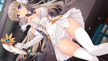 1girl ahoge black_bow blonde_hair blue_eyes blush book bookshelf bow bowtie braid breasts cameltoe cleavage detached_collar dress dutch_angle elbow_gloves frills game_cg genseishinki_sacred_virth gloves hair_ornament holding indoors large_breasts large_variant_set long_hair looking_at_viewer magical_girl nipple_slip nipples non-web_source official_art panties pantyshot puffy_short_sleeves puffy_sleeves purple_eyes ribbon sacred_claire short_dress short_sleeves solo sweat thighhighs tierna_aeride_throne underwear variant_set weapon white_dress white_gloves white_panties white_thighhighs yuugure_pairo