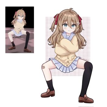 1girl ahoge asymmetrical_legwear bandaid bandaid_on_knee bandaid_on_leg black_socks black_thighhighs blue_eyes blue_sailor_collar blue_skirt brown_hair brown_shoes cardigan closed_mouth commentary crossed_arms english_commentary full_body hair_between_eyes hair_ornament hair_ribbon heart heart_hair_ornament highres kate27sun_sunetak long_hair long_sleeves looking_at_viewer neuro-sama pleated_skirt red_ribbon ribbon sailor_collar screenshot_inset shoes single_sock single_thighhigh skirt smile socks solo spread_legs standing thighhighs twitter_username uneven_legwear vedal_ai virtual_youtuber white_background yellow_cardigan