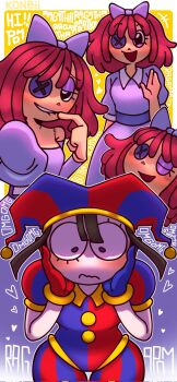 2girls black_hair blush doll dress hand_on_own_face hands_on_own_cheeks hands_on_own_face hat highres jester jester_cap jester_costume jester_girl jester_outfit medium_hair multicolored_eyes multiple_girls pomni_(the_amazing_digital_circus) ragatha_(the_amazing_digital_circus) red_hair the_amazing_digital_circus yuri