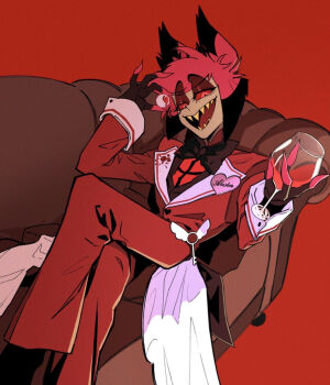 1boy alastor_(hazbin_hotel) antlers commentary_request deer_antlers deer_boy demon_boy evil_grin evil_smile formal_clothes grin hazbin_hotel hellaverse horns looking_at_viewer male_focus monocle official_alternate_costume red_hair red_suit sharp_teeth smile solo suit teeth wuvn5825