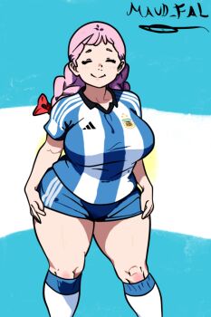 1girl argentinian_flag argentinian_flag_print bow braid breasts closed_eyes flag_print jasminka_antonenko kneehighs large_breasts little_witch_academia maud_fal pink_hair plump short_shorts shorts smile soccer_uniform socks sportswear thick_thighs thighs twin_braids