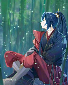 1boy animal_print bamboo bamboo_forest black_cape black_hanfu black_robe blue_hair blurry boots cape cat_print chinese_clothes chinese_commentary closed_mouth crossed_ankles depth_of_field dhfz181 expressionless falling_leaves feet_out_of_frame forest hair_between_eyes hair_ornament hanfu harbin_fried_pork_(the_tale_of_food) high_ponytail highres knees_up leaf long_hair long_sleeves looking_to_the_side male_focus nature on_ground outdoors pants pants_tucked_in ponytail profile red_pants robe side_cape sidelocks sitting solo the_tale_of_food white_boots yellow_eyes