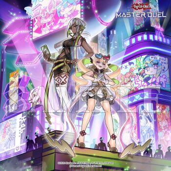 aircraft airship blonde_hair city_lights closed_mouth colored_inner_hair copyright_logo copyright_name duel duel_monster earrings evil_twin's_trouble_sunny gloves goggles goggles_on_head green_hair hand_on_own_hip holding holding_phone jewelry ki-sikil_(yu-gi-oh!) lil-la_(yu-gi-oh!) live_twin_ki-sikil live_twin_lil-la logo looking_at_viewer luna_(dm)_(yu-gi-oh!) multicolored_hair neon_lights night official_art open_mouth outdoors phone sample_watermark screen sidelocks smug standing sunny_(yu-gi-oh!) tall_female tan thighhighs watermark white_gloves white_hair yu-gi-oh! yu-gi-oh!_master_duel zettai_ryouiki