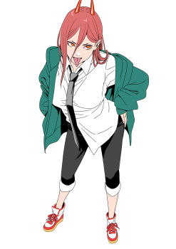 1girl black_necktie black_pants breasts chainsaw_man collared_shirt cross-shaped_pupils demon_girl full_body green_jacket hair_between_eyes hand_on_own_hip highres horns jacket long_hair medium_breasts necktie pants pants_rolled_up power_(chainsaw_man) red_eyes red_hair red_horns shirt shoes sickpoly7188 sneakers solo symbol-shaped_pupils tongue tongue_out white_background white_shirt white_shoes