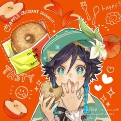 Rule 34 | 1boy, androgynous, apple, apple slice, aqua eyes, arms up, beret, black hair, blue hair, blush, braid, cape, collared cape, doughnut, english text, flower, food, fork, frilled sleeves, frills, fruit, genshin impact, gradient hair, green cape, green hat, hat, hat flower, highres, holding, holding food, looking at viewer, misoshiru umai4, multicolored hair, open mouth, red apple, red background, shirt, short hair with long locks, smiley face, solo, spoon, star-shaped pupils, star (symbol), symbol-shaped pupils, twin braids, upper body, venti (genshin impact), watermark, white flower, white shirt