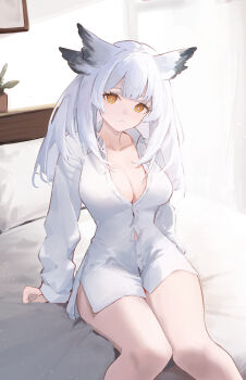 1girl absurdres alternate_costume arknights bed bed_sheet blunt_bangs breasts bright_pupils buttons cleavage collared_shirt commentary dot_nose ema_(kuguiema) feet_out_of_frame frown hair_intakes head_tilt highres indoors large_breasts light_particles long_hair long_sleeves looking_at_viewer naked_shirt on_bed owl_ears owl_girl partially_unbuttoned pillow plant potted_plant ptilopsis_(arknights) shirt sitting solo thighs white_hair white_pupils white_shirt yellow_eyes