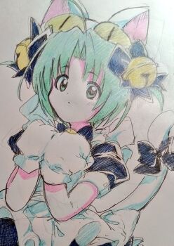 1girl animal_ears animal_hands animal_hat apron bell bow cat_ears cat_hat cat_tail colored_pencil_(medium) commentary dejiko di_gi_charat dress gloves green_hair hair_bell hair_ornament hat jingle_bell kannpoyu looking_at_viewer paw_gloves puffy_short_sleeves puffy_sleeves short_sleeves solo tail tail_bow tail_ornament traditional_media upper_body white_apron