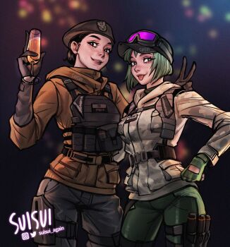 Rule 34 | 2girls, arm up, artist name, baseball cap, belt, beret, black hair, blurry, blurry background, camouflage, camouflage jacket, champagne flute, commentary, cup, drinking glass, ela (rainbow six siege), english commentary, eyewear on head, facing viewer, gloves, goggles, goggles on headwear, green gloves, green hair, hair bun, hand on own hip, happy new year, hat, highres, holding, holding cup, holster, instagram logo, jacket, looking to the side, military combat uniform, military operator, military uniform, multiple girls, new year, rainbow six siege, short hair, siblings, side-by-side, signature, simple background, sisters, smile, suisui again, thigh holster, thigh strap, tongue, tongue out, twitter logo, twitter username, upper body, v, zofia (rainbow six siege)
