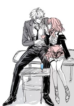 1boy 1girl alternate_costume black_necktie black_pantyhose black_shirt blue_eyes champagne_flute cocktail_glass commentary_request cup cyrene_(aedes_elysiae)_(honkai:_star_rail) cyrene_(honkai:_star_rail) drinking_glass grey_vest highres holding holding_cup honkai:_star_rail honkai_(series) ilsijeongj2213 korean_commentary looking_at_another medium_hair necktie pantyhose phainon_(honkai:_star_rail) pink_hair pink_skirt shirt short_hair simple_background sitting sitting_on_table skirt vest white_background white_hair white_shirt