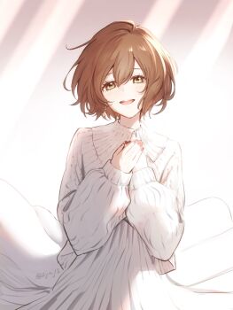 1girl brown_eyes brown_hair cardigan commentary_request dress earrings hands_on_own_chest hariikei highres jewelry light_rays long_sleeves looking_at_viewer meiko_(vocaloid) nail_polish open_mouth short_hair smile solo sunlight vocaloid