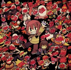 2others 6+boys 6+girls alphys annoying_dog arm_up arthropod_girl asgore_dreemurr asriel_dreemurr black_hair black_pants black_tank_top blonde_hair blue_jacket blue_skin blue_sweater blush_stickers boots bow brown_pants burgerpants chara_(undertale) character_request chibi cigarette closed_eyes colored_skin creature crossed_out everyone eyepatch fire flower flowey_(undertale) ghost glasses goat_boy goat_girl green_sweater grillby grin hair_bow hat holding holding_knife horns horse_boy insect_girl jacket jerry_(undertale) knife mad_dummy_(undertale) mettaton mettaton_ex monster_kid_(undertale) muffet multiple_boys multiple_girls multiple_others napstablook onionsan pants papyrus_(undertale) ponytail purple_skin red_boots red_hair red_scarf sans_(undertale) scarf skeleton smile spider_girl striped_clothes striped_sweater sweater tank_top tears teeth temmie terada_tera toriel tsunderplane turtle undertale undyne utdr_(toby_fox) vulkin w.d._gaster white_fur