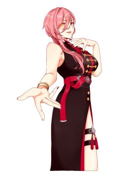 1girl absurdres bare_arms black_dress blue_eyes bracelet breasts china_dress chinese_clothes cropped_legs dress hair_between_eyes heterochromia highres hololive jewelry large_breasts long_hair looking_at_viewer official_alternate_costume official_alternate_hair_length official_alternate_hairstyle open_mouth pink_hair ringo_21_a simple_background sleeveless sleeveless_dress smile solo takane_lui takane_lui_(china_dress) virtual_youtuber white_background yellow_eyes