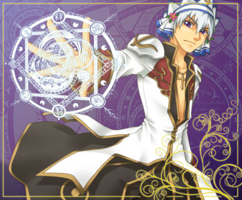 1boy black_pants closed_mouth commentary_request cowboy_shot frown headdress high_priest_(ragnarok_online) long_sleeves looking_at_viewer magic_circle male_focus pants purple_background purple_eyes ragnarok_online red_shirt shirt short_hair solo takeru two-tone_shirt v-shaped_eyebrows white_hair white_shirt