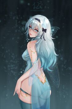 1girl alternate_costume aqua_eyes aqua_gem aqua_hair artist_name ass ass_rest ass_support back backless_leotard bare_shoulders black_bow black_hairband blue_thighhighs bow breasts chain closed_mouth commentary fingernails firefly_(honkai:_star_rail) from_side gem gradient_hair grey_hair hair_between_eyes hair_bow hairband highres honkai:_star_rail honkai_(series) hotokeshiz large_breasts leotard lips loincloth long_hair looking_at_viewer looking_to_the_side multicolored_hair solo thighhighs untranslatable_commentary very_long_hair