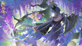 2girls bird character_request flower highres hikimayu itsumade_(onmyoji) japanese_clothes long_hair looking_at_another multiple_girls onmyoji purple_hair sleeping sleeping_on_tree squirrel tree twintails winged_arms wings wisteria