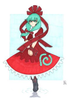 Rule 34 | 1girl, black shoes, blue background, closed mouth, commentary, commission, cross-laced clothes, dated, dress, english commentary, frilled shawl, frills, front ponytail, full body, green eyes, green hair, hair ribbon, highres, kagiyama hina, long hair, looking at viewer, red dress, red ribbon, ribbon, shawl, shoes, signature, smile, solo, thatkirisame, touhou